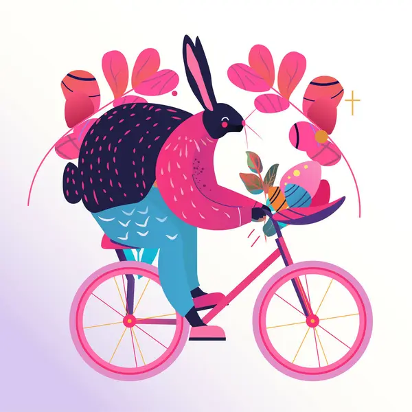 Happy Easter Greeting Card Rabbit Riding Bike Spring Holiday Celebration — Stock Vector