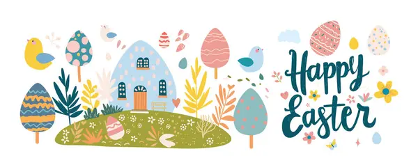 Happy Easter Wenskaart Met Eieren Pastelkleuren Voorjaarsvakantie Viering Kaart Horizontale Rechtenvrije Stockillustraties