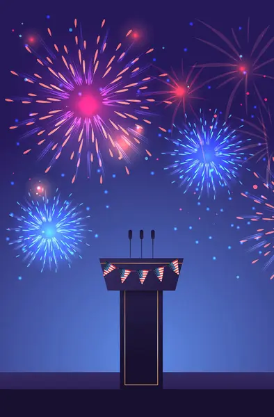 五彩缤纷的焰火和舞台或辩论讲台上的麦克风美国总统选举的概念垂直矢量插图 免版税图库插图