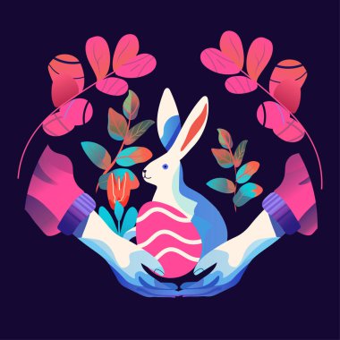 Mutlu Paskalya tebrik kartları insan ellerinde tavşan ve yumurtalar bahar tatili tebrik kartı çizimleri