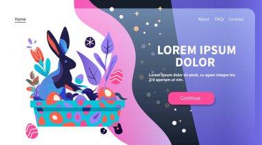 Sepette tavşan ve yumurtalı Paskalya tebrik kartı yatay fotokopi uzay çizimi