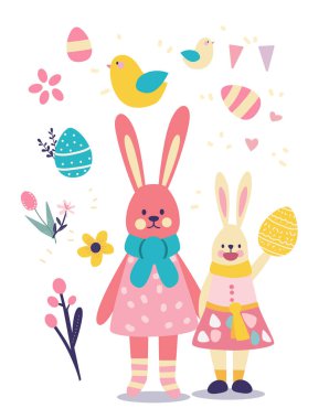 Tavşanlı ve yumurtalı Paskalya bayramı tebrik kartı dikey vektör illüstrasyonunuz kutlu olsun.