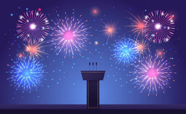 五彩缤纷的焰火和舞台或辩论讲台上的麦克风美国总统选举的概念横向矢量插图 图库插图