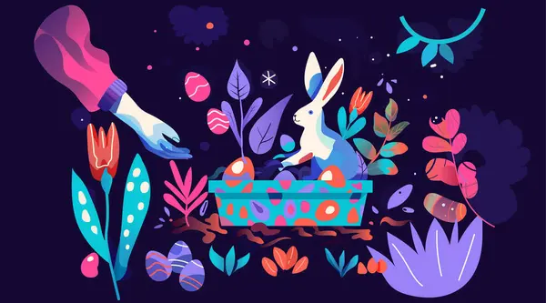 Поздравительная Открытка Кроликом Яйцами Корзине Весенний Праздник Открытка Горизонтальный Вектор Стоковая Иллюстрация