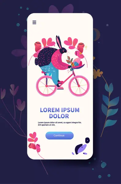 Frohe Ostern Grußkarte Mit Kaninchen Reiten Auf Fahrrad Frühling Urlaub Stockillustration
