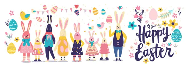 Tarjeta Felicitación Pascua Feliz Con Conejos Huevos Tarjeta Celebración Vacaciones Vectores de stock libres de derechos