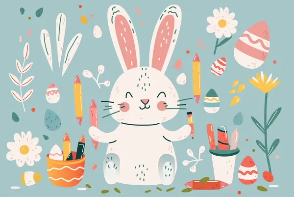 复活节快乐贺卡 上面有兔子和鸡蛋在彩绘的春节假期庆祝卡片上的横向矢量插图 图库矢量图片