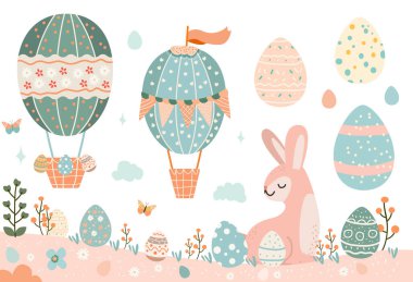 Hava balonlarında yumurtaları olan mutlu Paskalya tebrik kartları bahar bayramı kutlaması kartlarını yatay vektör resimlemesi şeklinde şekillendirir.