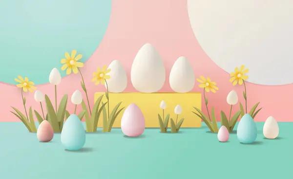 Happy Easter Wenskaart Met Eieren Bloemen Pastelkleuren Voorjaarsvakantie Viering Kaart Stockvector