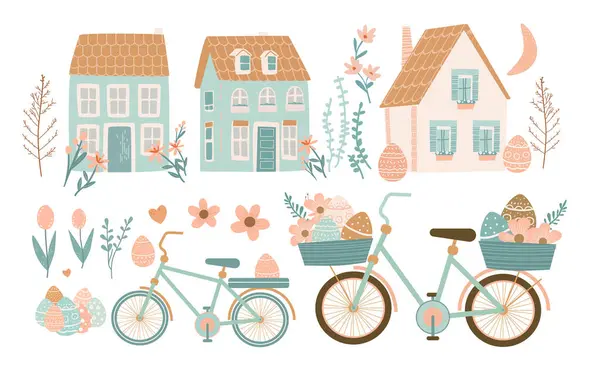Happy Easter Greeting Card Houses Bicycles Eggs Spring Flowers Pastel Vector Graphics