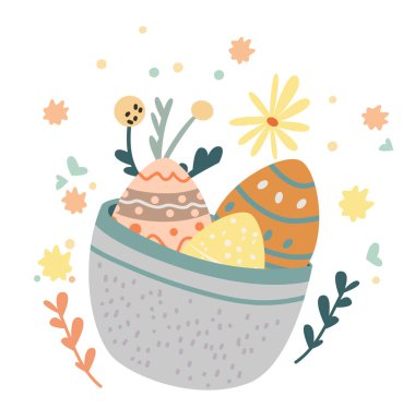 Mutlu Paskalya tebrik kartları sepette yumurtalar ve bahar çiçekleri pastel renkler bayram kutlama kartı çizimleri