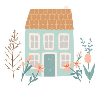 Ev yumurtaları ve bahar çiçekleriyle Paskalya tebrik kartın kutlu olsun. Pastel renkler bayram tebrik kartı çizimleri.