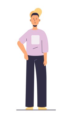 Genç adam ya da genç adam günlük kıyafetlerle poz veriyor. Çizgi film karakteri ayakta duruyor. Tam boy vektör çizimi yapıyor.