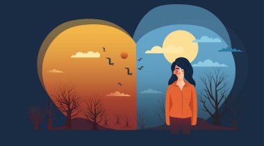 Depresyondaki kadın psikolojik hastalıklardan muzdarip üzgün kız zihinsel sağlık farkındalığı ay konsepti yatay vektör çizimi