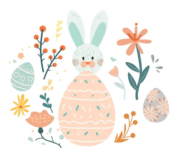 复活节快乐贺卡 上面有兔子蛋和春天的花朵彩绘节日庆祝卡片上的矢量插图 图库矢量图片