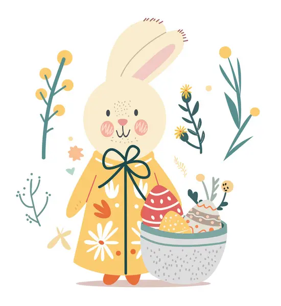 Happy Easter Greeting Card Rabbit Eggs Spring Flowers Pastel Colours Stok Ilustrasi 
