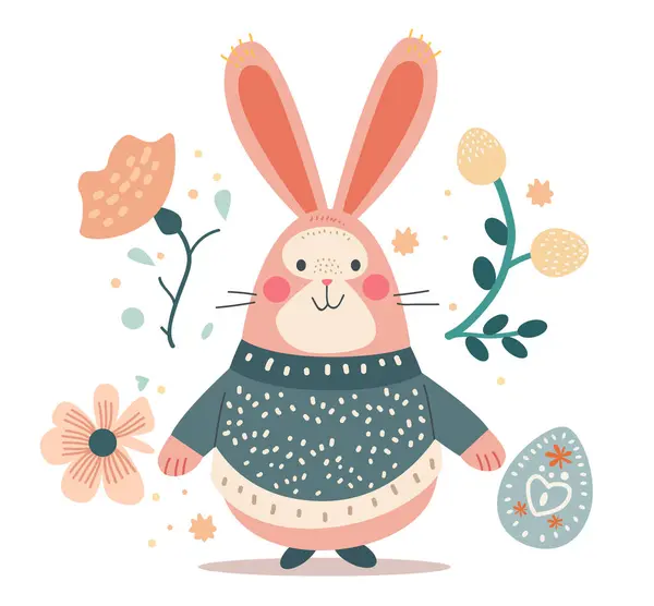 Happy Easter Greeting Card Rabbit Eggs Spring Flowers Pastel Colours Stok Ilustrasi Bebas Royalti