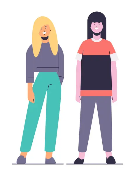 Jonge Vrouwen Paar Poseren Casual Kleding Vrouwelijke Cartoon Personages Staan Rechtenvrije Stockillustraties