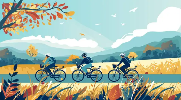 骑单车者沿着草地道路健康的生活方式专业比赛概念景观背景横向矢量图解 免版税图库矢量图片