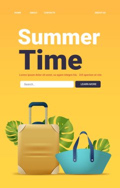 Yaz seyahati valizi tropikal yapraklar plaj çantası sarı arkaplan vektör illüstrasyonu