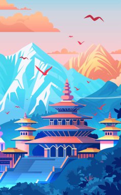 Pagoda Tapınağı turist geçiş kartı dağlık arazi kuşları ve renkli gökyüzü temsilciliği