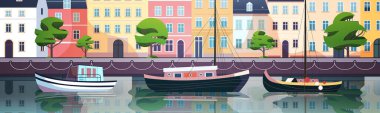 Rıhtım manzaralı turist geçiş kartı, renkli teknelerle dolu. Kanal boyunca kenetlenmiş canlı binalar. Su vektörü çizimine yansıyan gür ağaçlar.