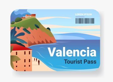 Valencia sahili turist geçiş kartı. Plaj tepeleri binaları ve deniz vektörü illüstrasyonlu.