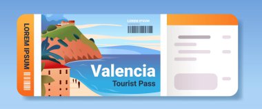 Sahil manzarası seyahat bileti tasarımı. Uçurum kenarındaki binalar. Mavi okyanus ve yeşil tepeler.