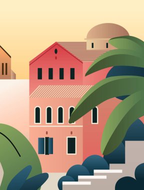 Akdeniz mimarisi turist geçiş kartı. Renkli binalar, palmiye ağaçları ve merdiven var. Gün batımında, Vektör illüstrasyonunu sergiliyor.