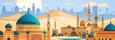 Ortadoğu şehir manzarası ufuk çizgisi minareleri palmiye ağaçları kum tepecikleri mavi gökyüzü modern düz tasarım seyahat kavramı arka plan turizmi web sitesi illüstrasyon taşıyıcı illüstrasyonu