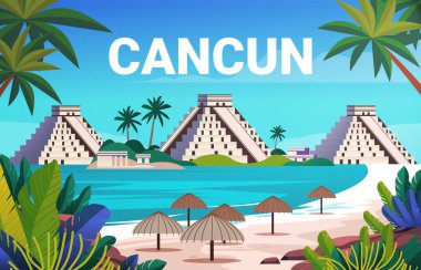 Mayalı piramitlerle Cancun sahnesi tropikal bitkiler okyanus gezileri turist geçiş kartı illüstrasyonları