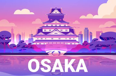 Osaka kalesi, modern şehir silueti ağaçlarıyla ve günbatımının yansımasıyla su rengarenk peyzaj gezisi turist geçiş kartı illüstrasyonunda