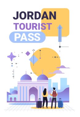 Travelers with luggage exploring a city with domed architecture under a large sun and abstract geometric shapes travel tourist pass card vector illustration clipart