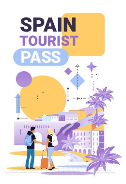 Şehir içi palmiye ağaçlarını araştıran gezginler modern binalar soyut şekiller renkli turist geçiş kartı illüstrasyonları