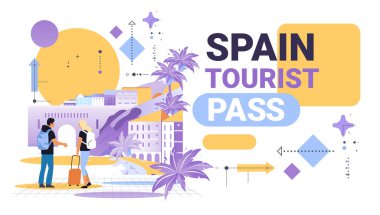 Palmiye ağaçları, modern binalar, soyut geometrik şekiller seyahat konsepti turist geçiş kartı illüstrasyonlarıyla renkli şehir manzaralarını araştıran gezginler