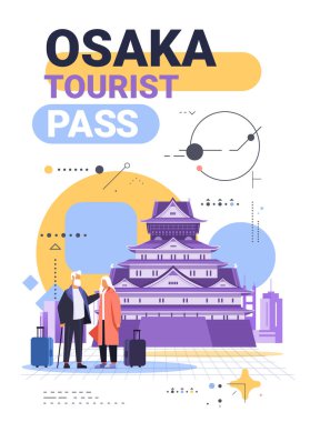 Geleneksel Japon şatosu önünde bavulu olan turistler modern soyut arka plan seyahat temalı renkli grafik unsurları kart vektörü illüstrasyonunu geçtiler