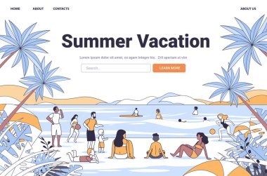 Yaz tatili plaj sahnesi. Palmiye ağaçları ve okyanus iniş sayfası tasarımı Vector illüstrasyonuyla çevrili sahilde dinlenen ve oynayan insanlar.