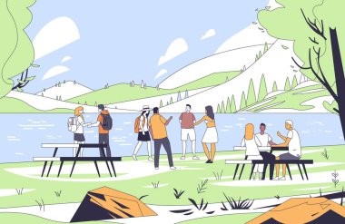 İnsanlar göl kenarındaki manzaranın keyfini çıkarıyorlar. Dağlar, ağaçlar ve piknik masaları. Minimalist çizgi sanat temsilcisi illüstrasyonları.