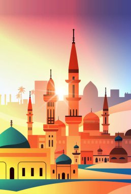 Mimari simgeler ve palmiye ağaçları seyahat konsepti tasarımı Vektör illüstrasyonlu renkli günbatımı arka plan şehirleri ile Orta Doğu ufuk çizgisi