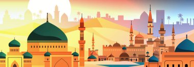 Orta Doğu şehir manzaralı cami kubbeleri minareler çöl günbatımı palmiyeleri rengarenk arka plan seyahat hedefi sancak tasarımı Vektör çizimi