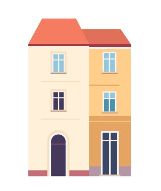 Renkli Avrupa binaları seyahat kavramı. Kırmızı çatılar altında farklı cephelere ve pencerelere sahip iki bitişik bina. Basit arka plan minimalist tasviri.
