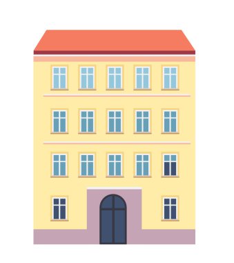 Avrupa binası ön cephesi seyahat hedefi mimarisi Kırmızı çatılı dört katlı bina mavi pencereli merkez kemerli giriş düz tasarım Vektör illüstrasyonu