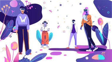 İnsanlar topluluk sanal gerçeklik deneyimi renkli soyut fütüristik elementler VR kulaklıklar canlı renkler bitkiler Vektör illüstrasyonunu şekillendirir