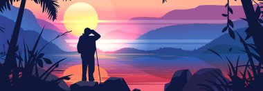Gün batımında yürüyüş yapan sakin göl dağlarına ve canlı palmiye ağaçlarına bakan doğal manzara manzarası dijital sanat afişi taşıyıcı illüstrasyon