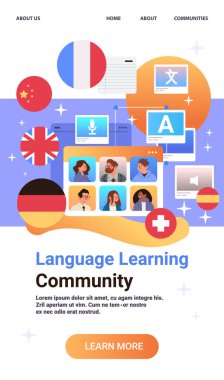 Dil öğrenme topluluğu çevrimiçi iletişim çok dilli video çağrısı bayraklar çeşitli insanlar renkli modern tasarım vektör çizimi