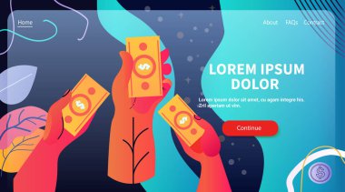 Dolar banknotları tutan eller dijital para birimi konsepti renkli soyut arka plan web sitesi tasarımı Vektör illüstrasyonu