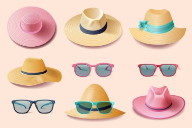 Summer hats and sunglasses collection featuring various styles and colors on a light background. Vector illustration. clipart