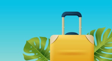 Mavi arka planda tropikal yapraklı sarı bavul seyahat kavramı vektör illüstrasyonu