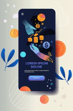 Karanlık arka planda el sıkışma sikkeleri ve finansal simgeler ile mobil uygulama arayüzü soyut şekiller ve vektör illüstrasyonları ile çevrili