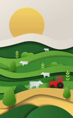 İneklerle ve traktörlerle dolu bir çiftlik arazisi. Yuvarlanan yeşil tepeler sarı güneş ağaçları ve kağıt kesim tarzında bitkiler. Tarımsal unsurları olan kırsal bir yer. Kağıt kesimi biçim vektör çizimi.